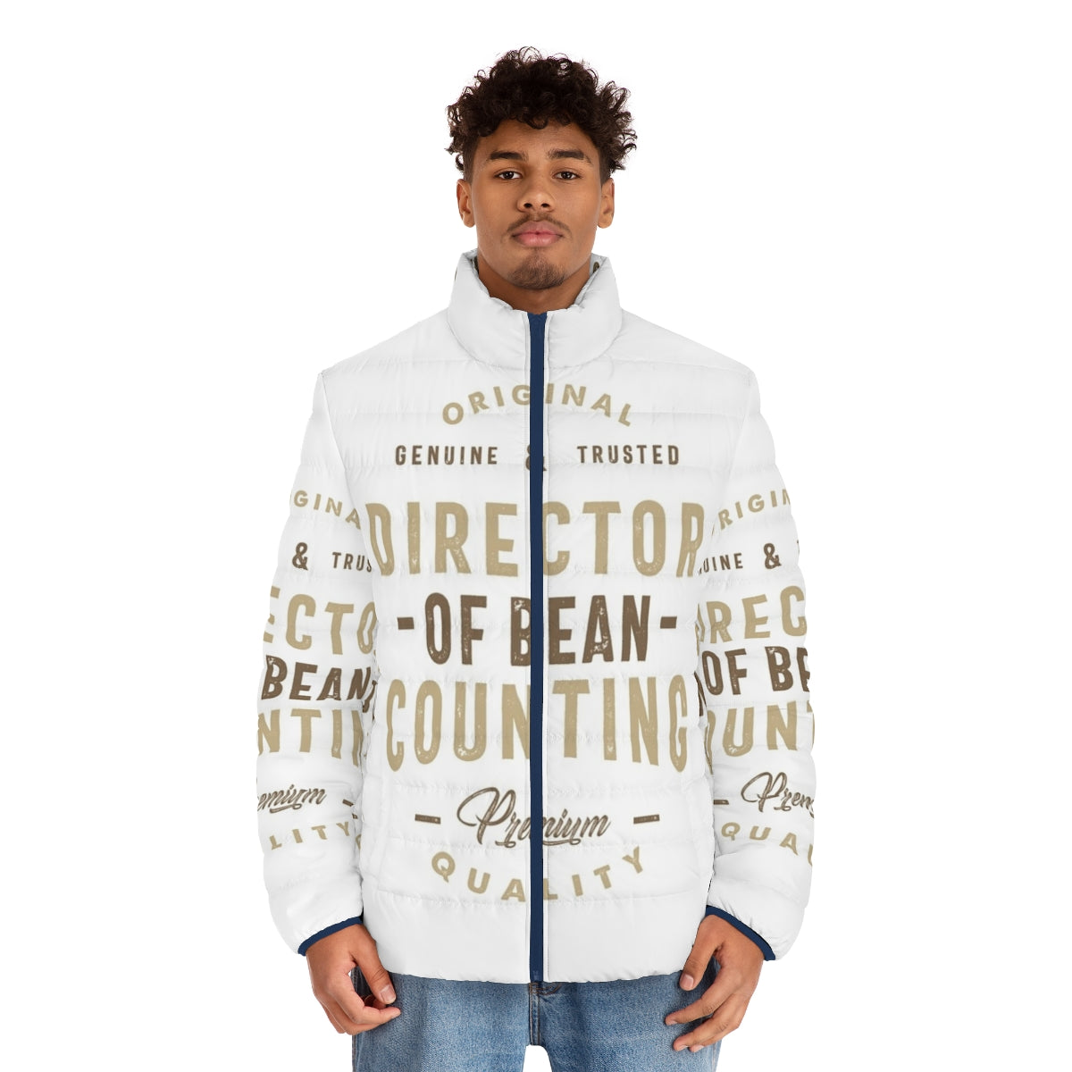 Director of Bean Counting Puffer Jacket with Typographic Design - men front