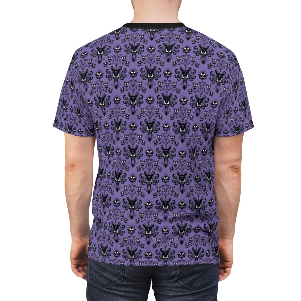 Haunted mansion wallpaper inspired all-over-print t-shirt with a gothic, spooky design - men back