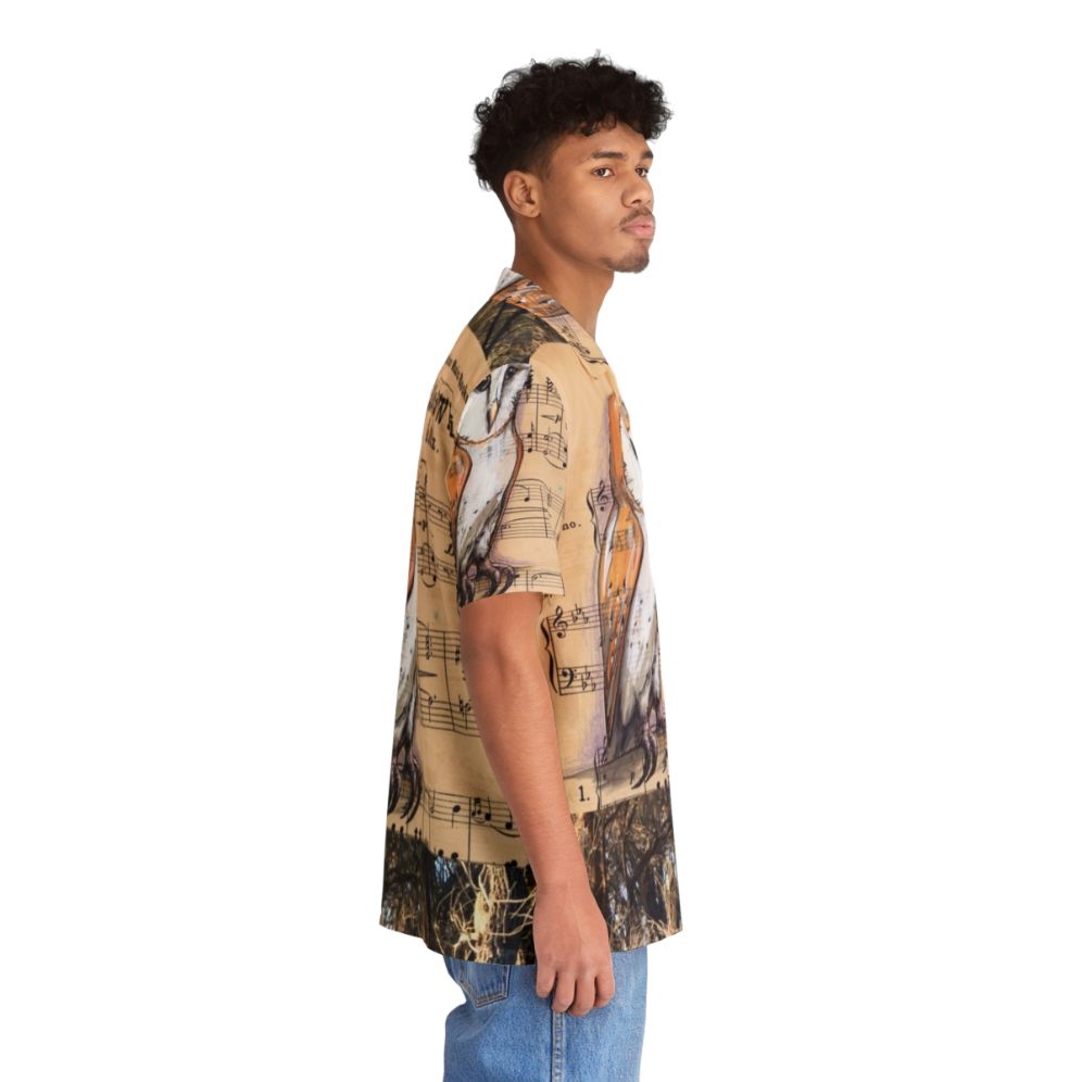 Tropical Hawaiian shirt with a design featuring a barn owl and musical notes in a woodland setting - People Pight