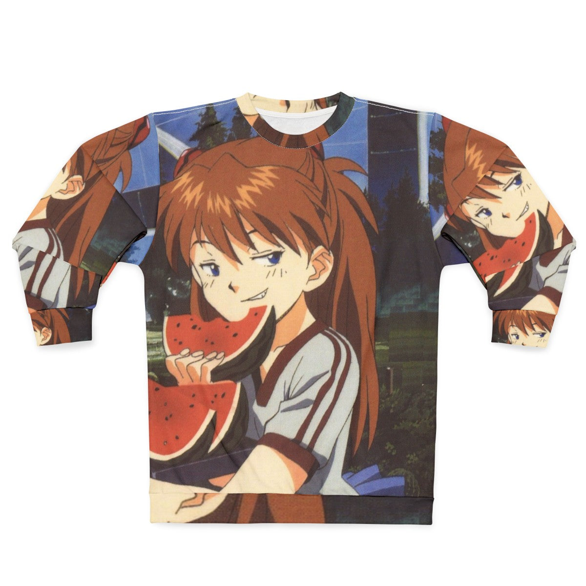 Smug anime sweatshirt with Evangelion inspired watermelon design