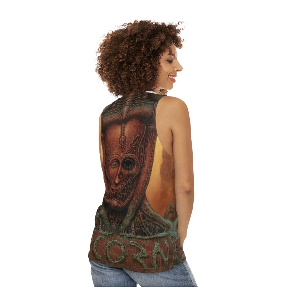 Scorn Game Unisex Horror Tank Top - women back