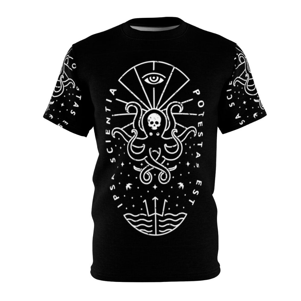 Stylish all-over print t-shirt featuring a striking skull design with a knowledge-themed graphic