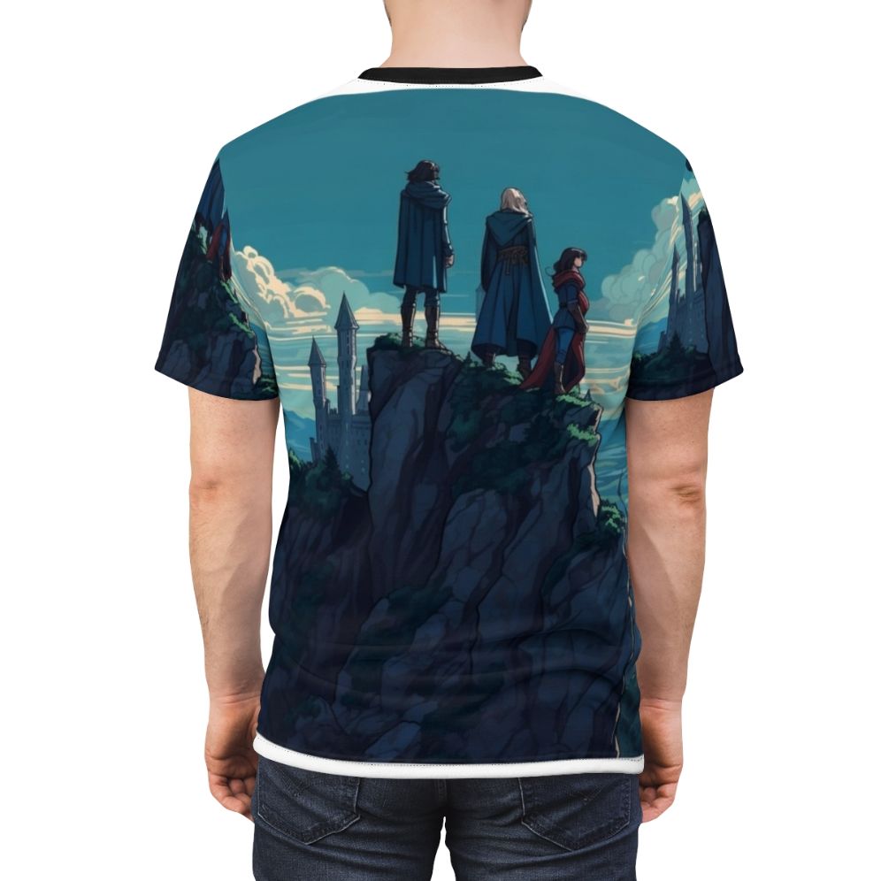 Castlevania-themed t-shirt featuring Trevor, Sypha, and Alucard characters in a nature-inspired all-over print design. - men back