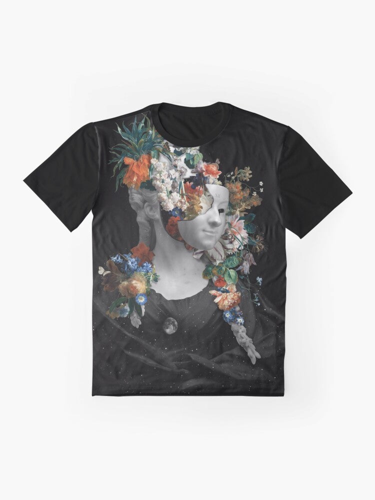 Surreal graphic design of a face with flowers, moon, and stars against a night sky on a spring t-shirt - Flat lay