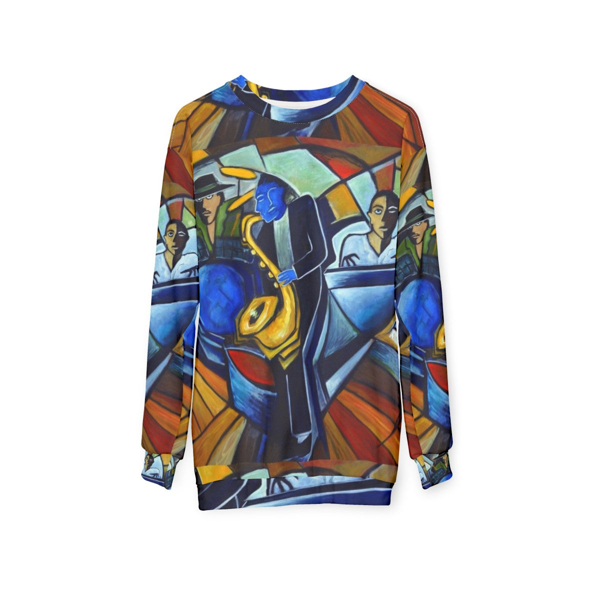 Jam Session Sweatshirt featuring jazz, blues, and music motifs - hanging