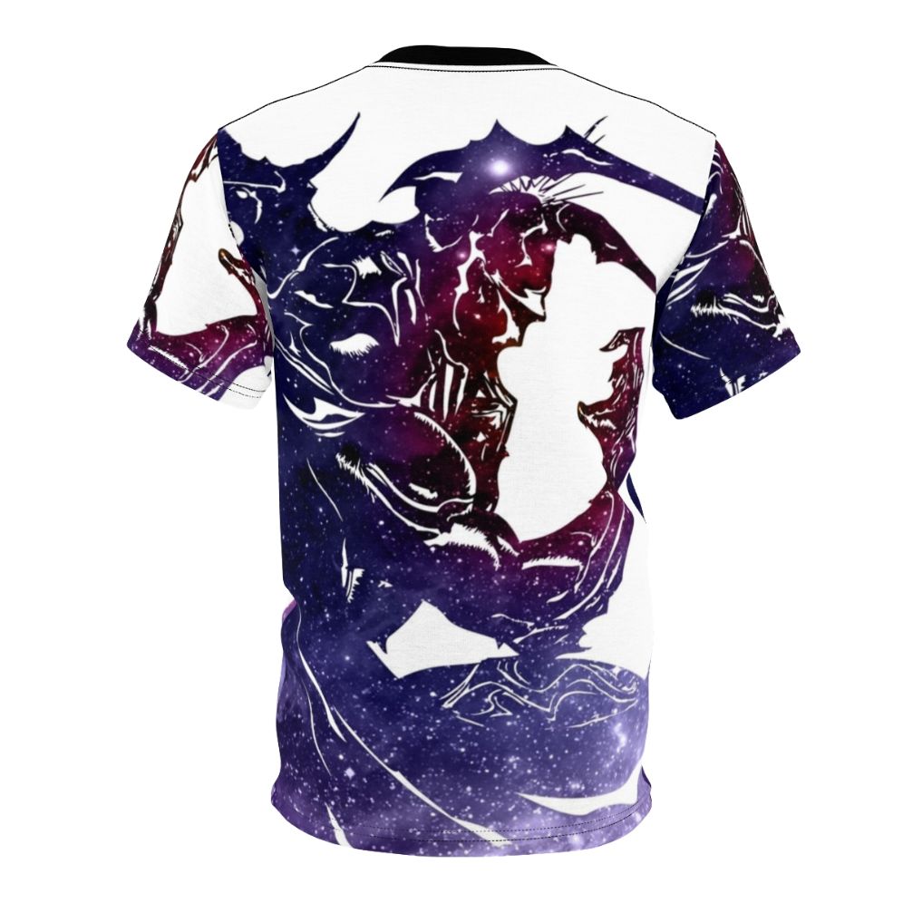 A white all-over print t-shirt with a cosmic galaxy design, inspired by the Final Fantasy IV video game series. - Back