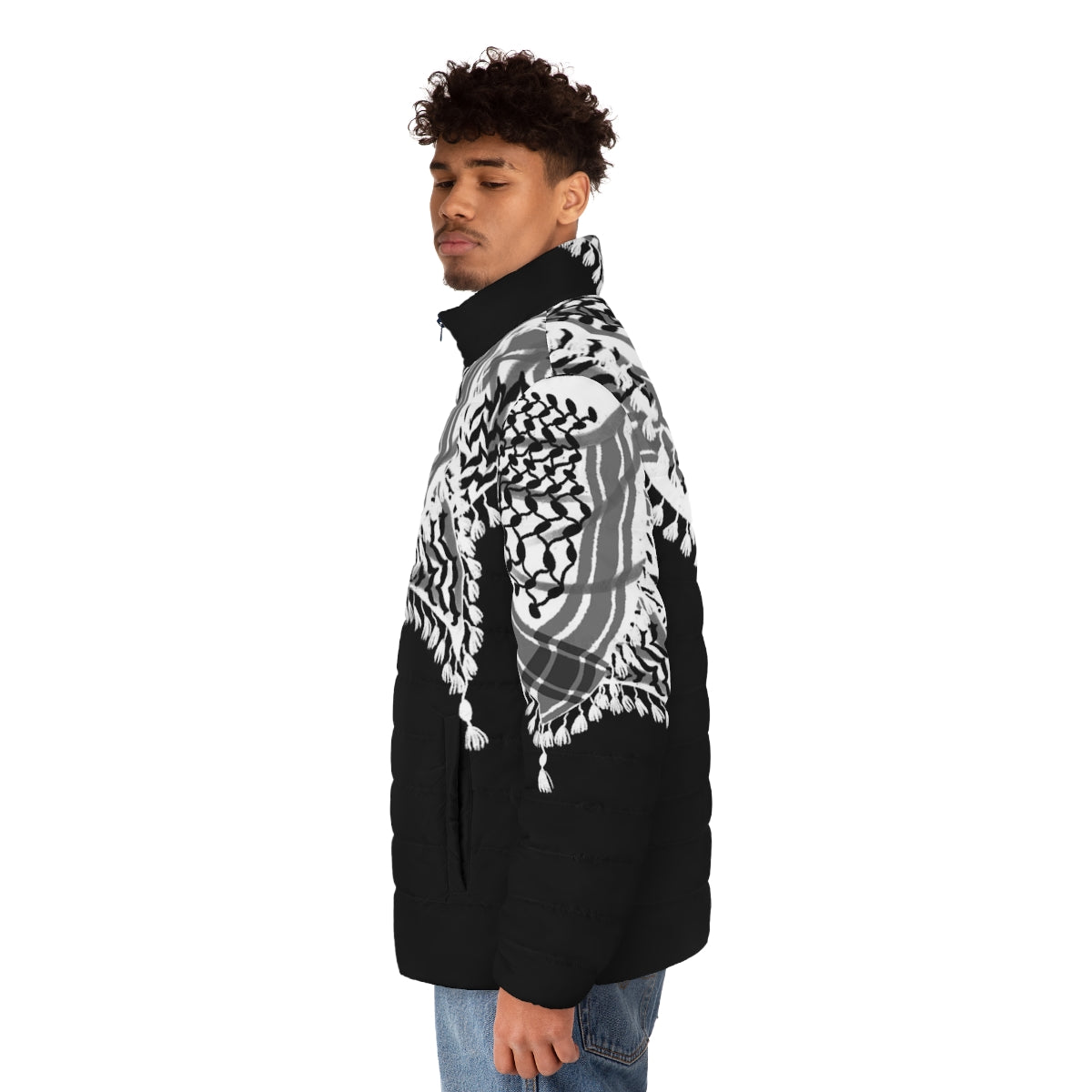 Keffiyeh-inspired puffer jacket with black and white Palestinian pattern - men side left