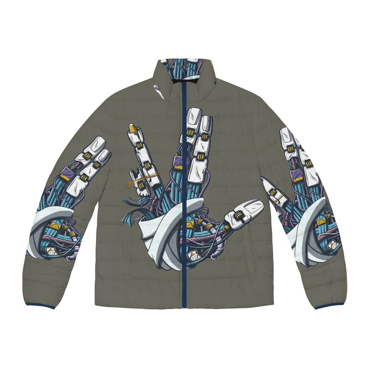 Mecha-inspired Star Trek Vulcan salute puffer jacket with sci-fi graphics