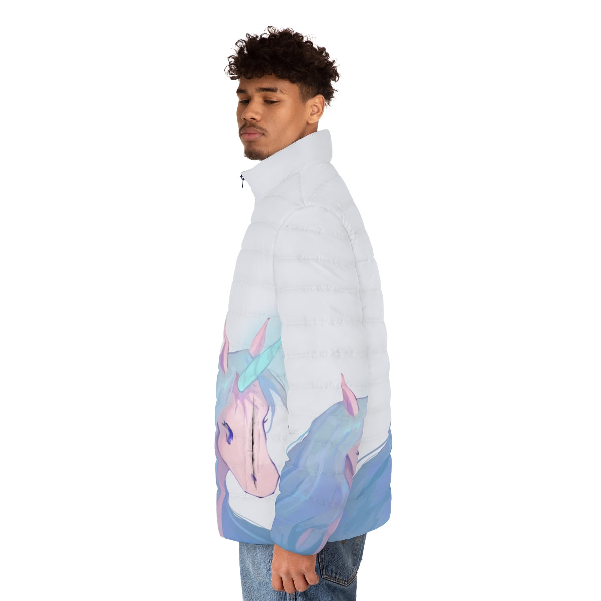 The Last Unicorn illustration printed on a puffer jacket for unicorn lovers - men side left