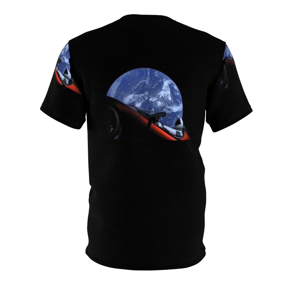 Starman in Tesla Roadster floating in space, custom printed t-shirt design - Back