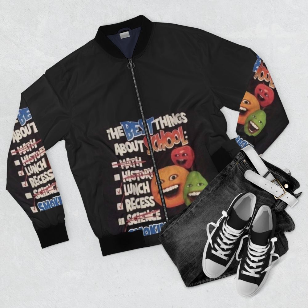 Annoying Orange School Bomber Jacket with funny, cute cartoon design - Flat lay