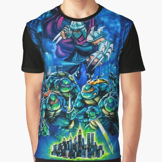 Teenage Mutant Ninja Turtles retro graphic t-shirt featuring the Hyper Stone Manhattan cover art.