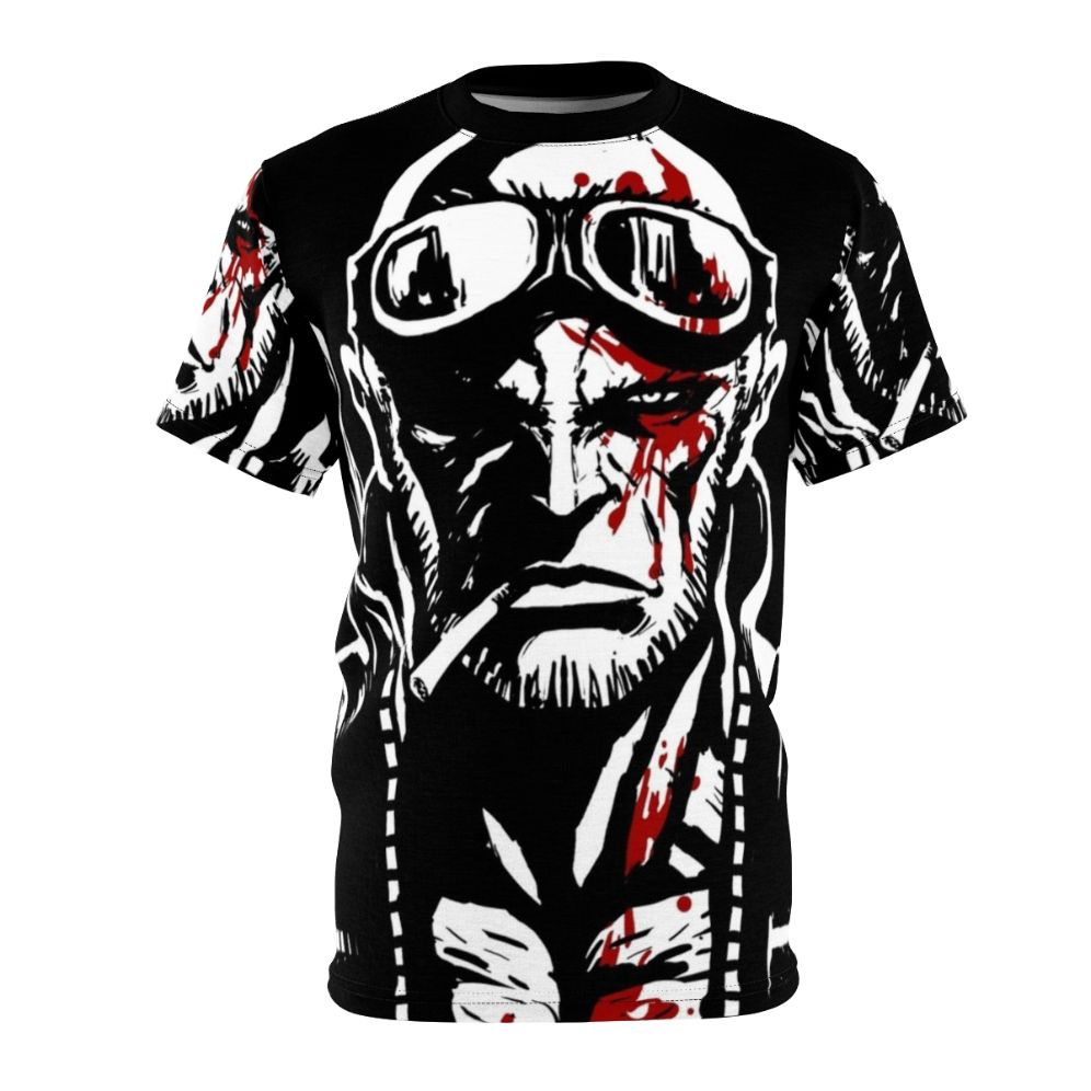 A high-quality t-shirt featuring a stylized design inspired by the dark, gritty world of the Madworld comic book series.