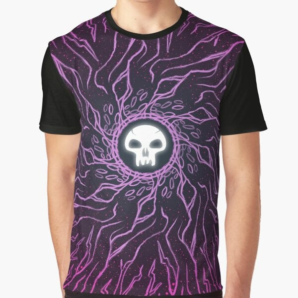 Minimalist black mana skull graphic t-shirt for magic the gathering fans