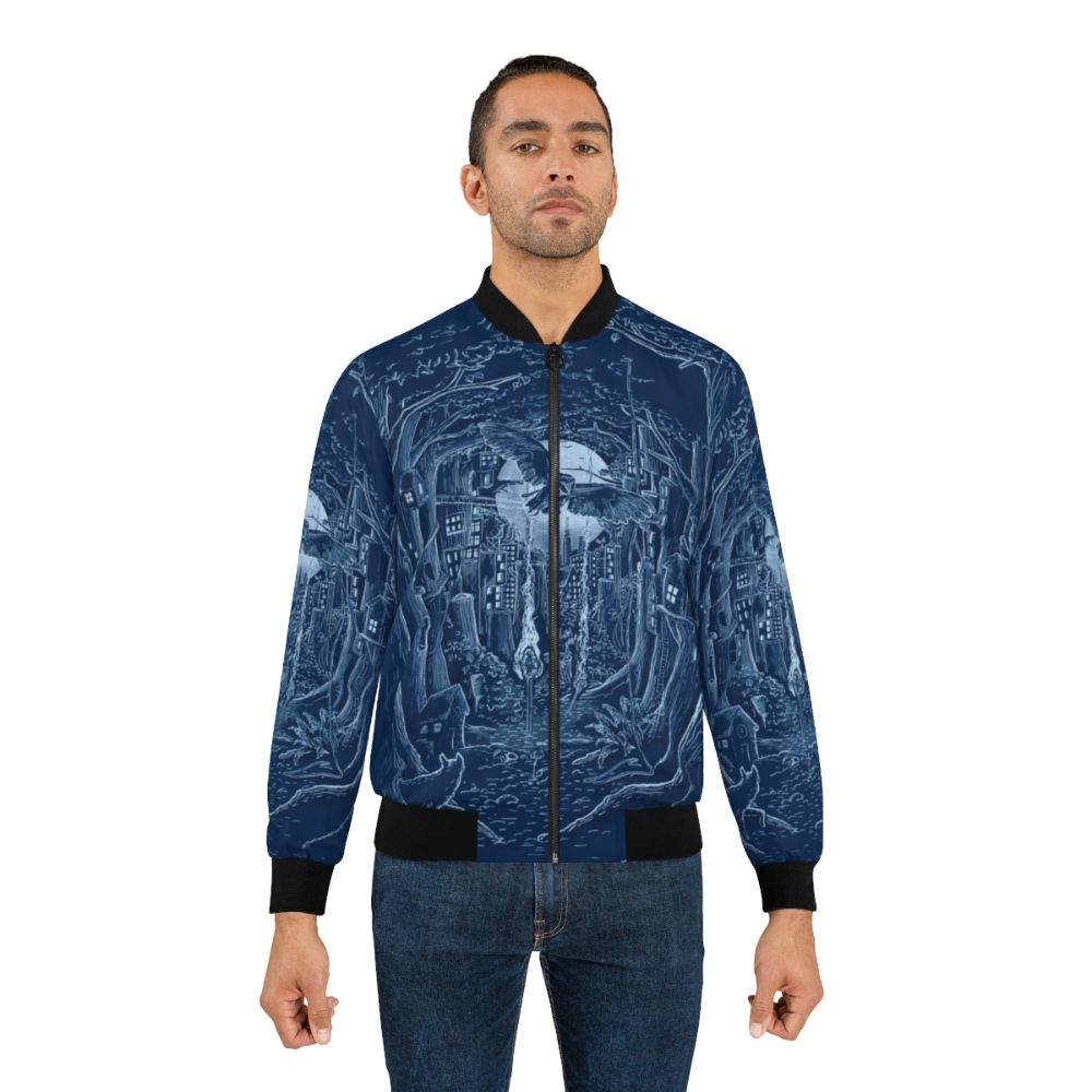 Midnight City Bomber Jacket featuring a nature-inspired design with a city skyline, moon, and forest animals. - Lifestyle