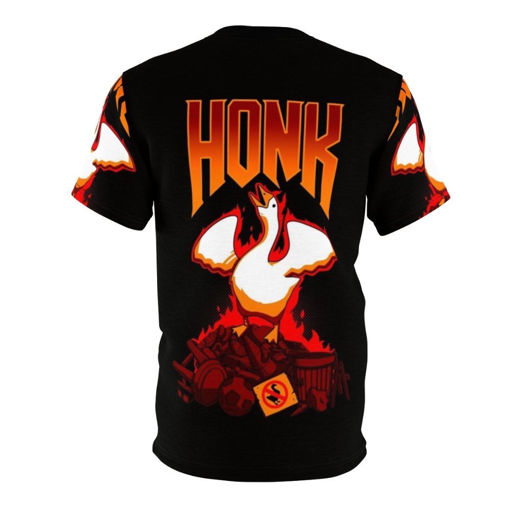 Honk geese gaming t-shirt design featuring a goose character in a heavy metal inspired style - Back