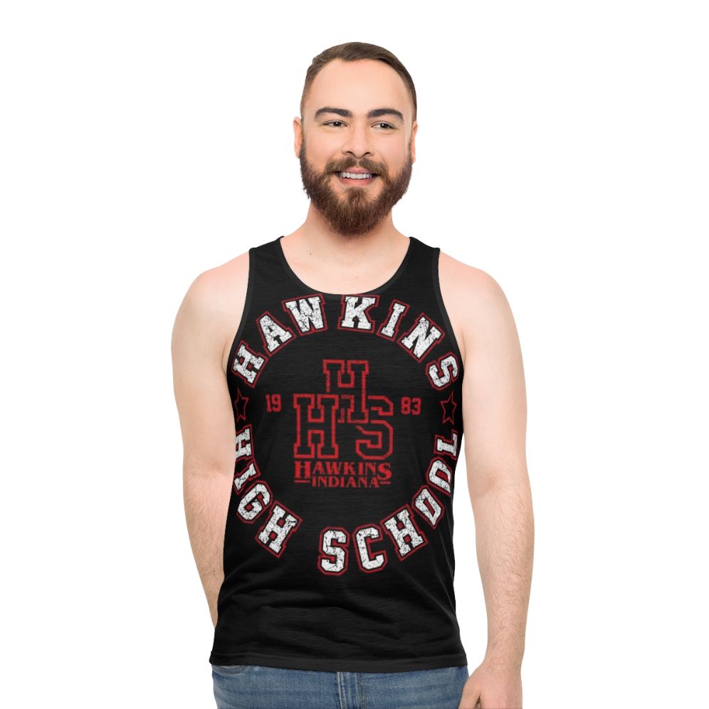 Retro unisex tank top with Hawkins High School and Stranger Things inspired design - men