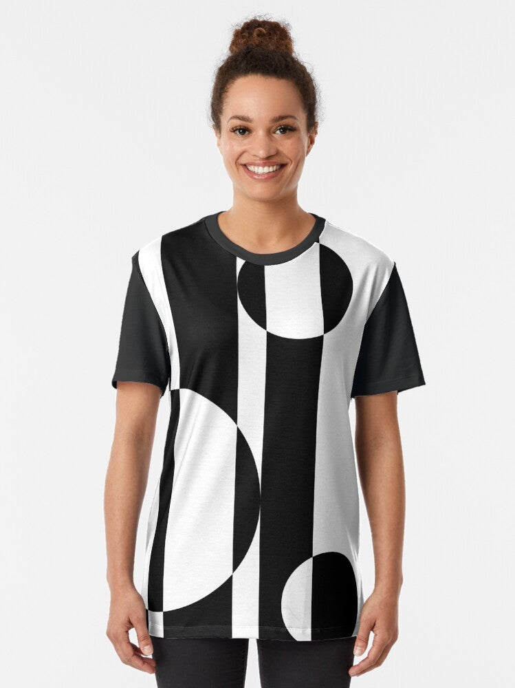 Retro 60s op art graphic t-shirt with black and white geometric patterns - Women