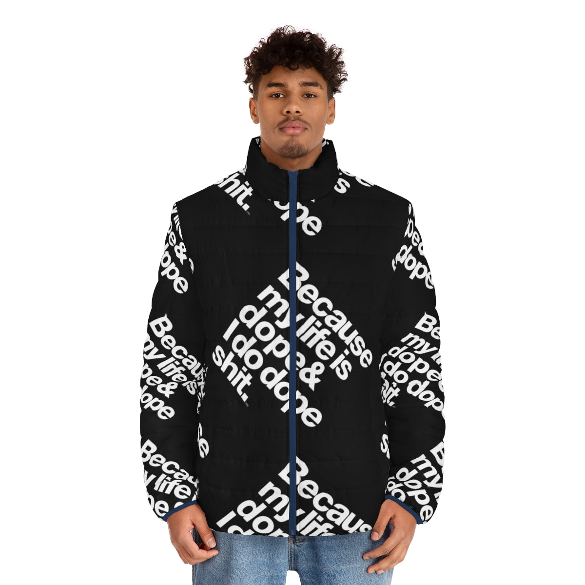 Kanye West inspired puffer jacket with "My Life is Dope" quote - men front