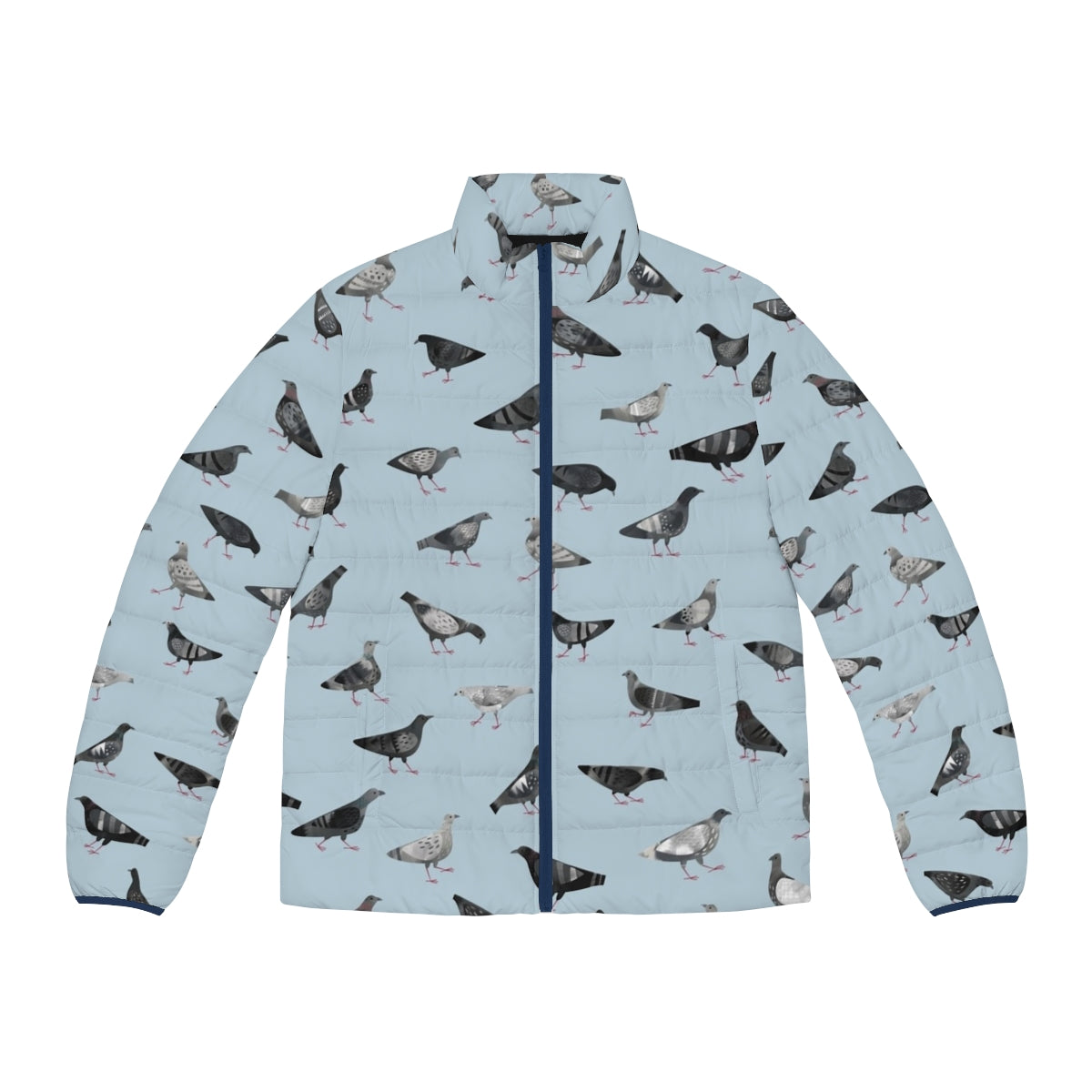 Puffer jacket with a repeating pattern of pigeons and doves in shades of gray