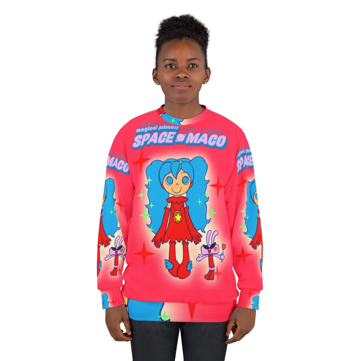 Magical pop music dance sweatshirt featuring a pink and blue space maco character - women