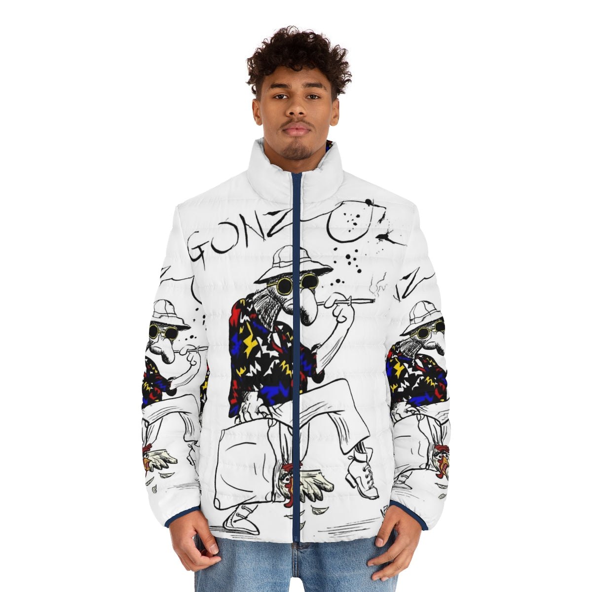 Gonzo Fear and Loathing in Las Vegas inspired puffer jacket with psychedelic pop art design - men front