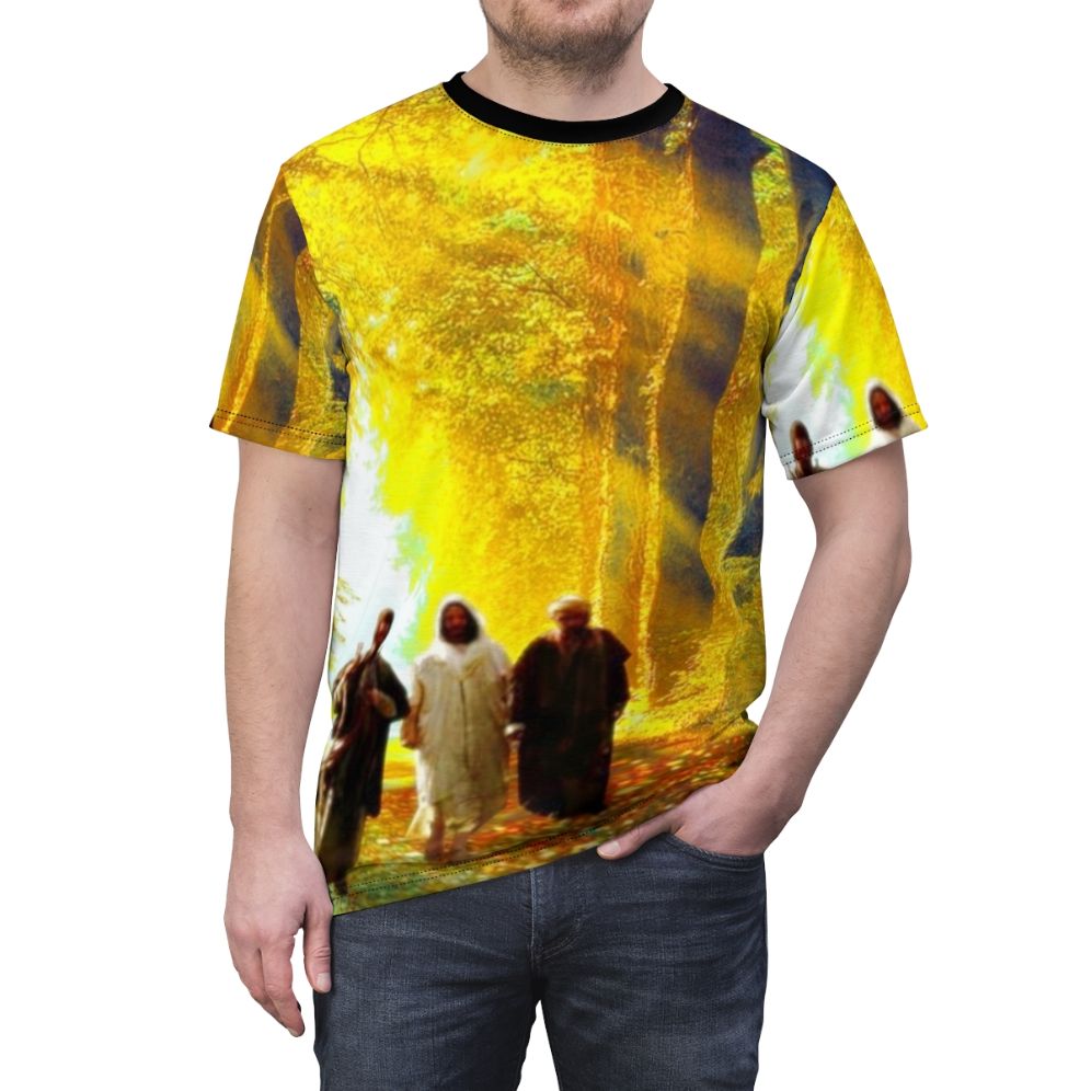 Inspirational Road to Emmaus Easter Christian T-Shirt design featuring a biblical scene with Jesus and disciples on the road to Emmaus. - men front