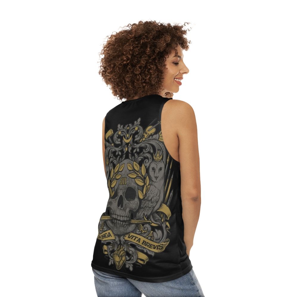 Ars Longa Vita Brevis unisex tank top with skull and heraldic design - women back