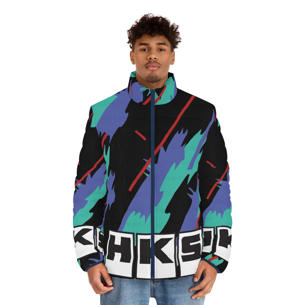 HKS Retro Pattern Puffer Jacket with JDM and Drifting Inspired Design - men front