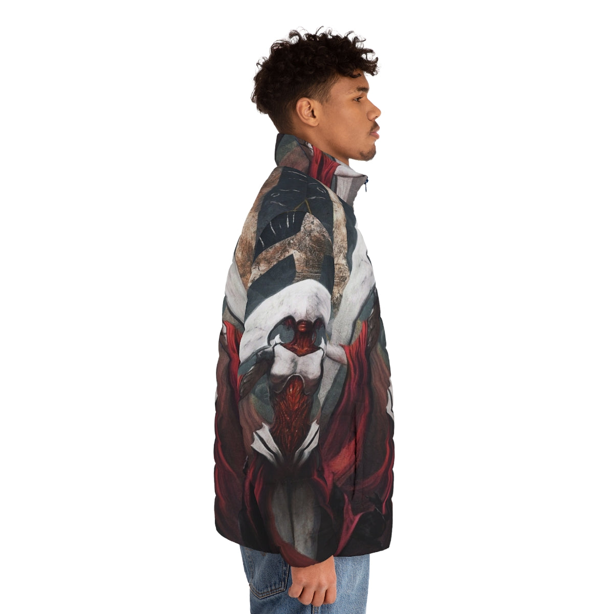 Elesh Norn inspired fantasy puffer jacket with red landscape design - men side right