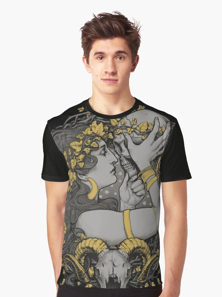 A gothic graphic t-shirt featuring a witch design with a ram skull, human skull, and botanical elements - Men