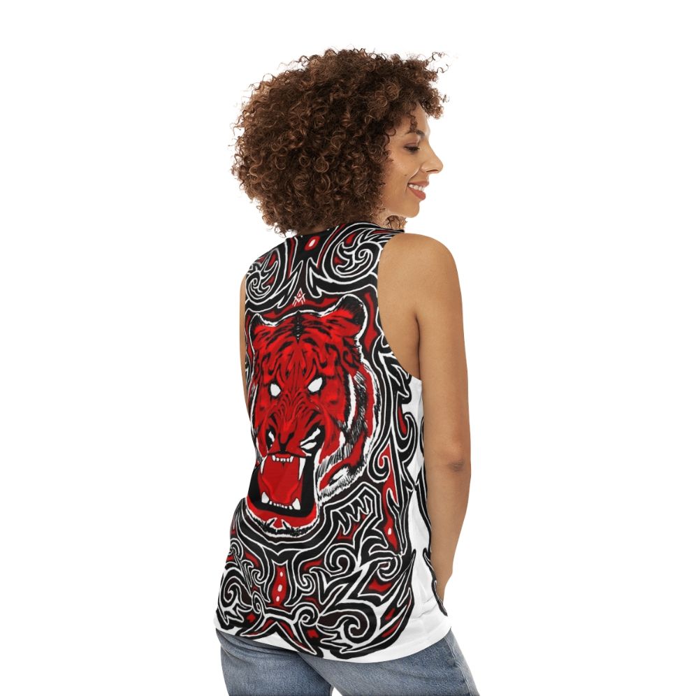 Unisex red tank top with angry tiger Indonesian art design - women back