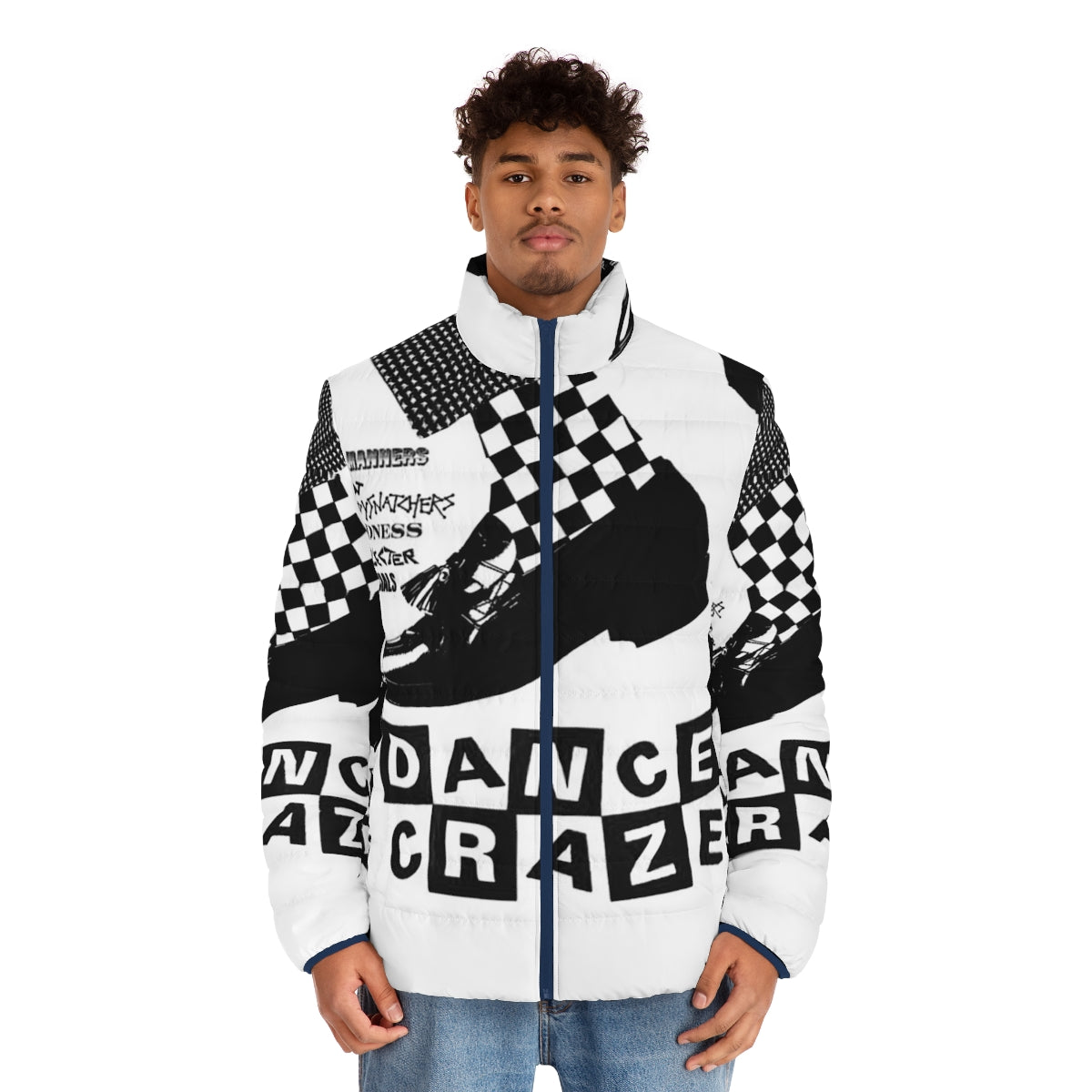 Stylish ska dance puffer jacket featuring reggae and mod inspired graphics - men front