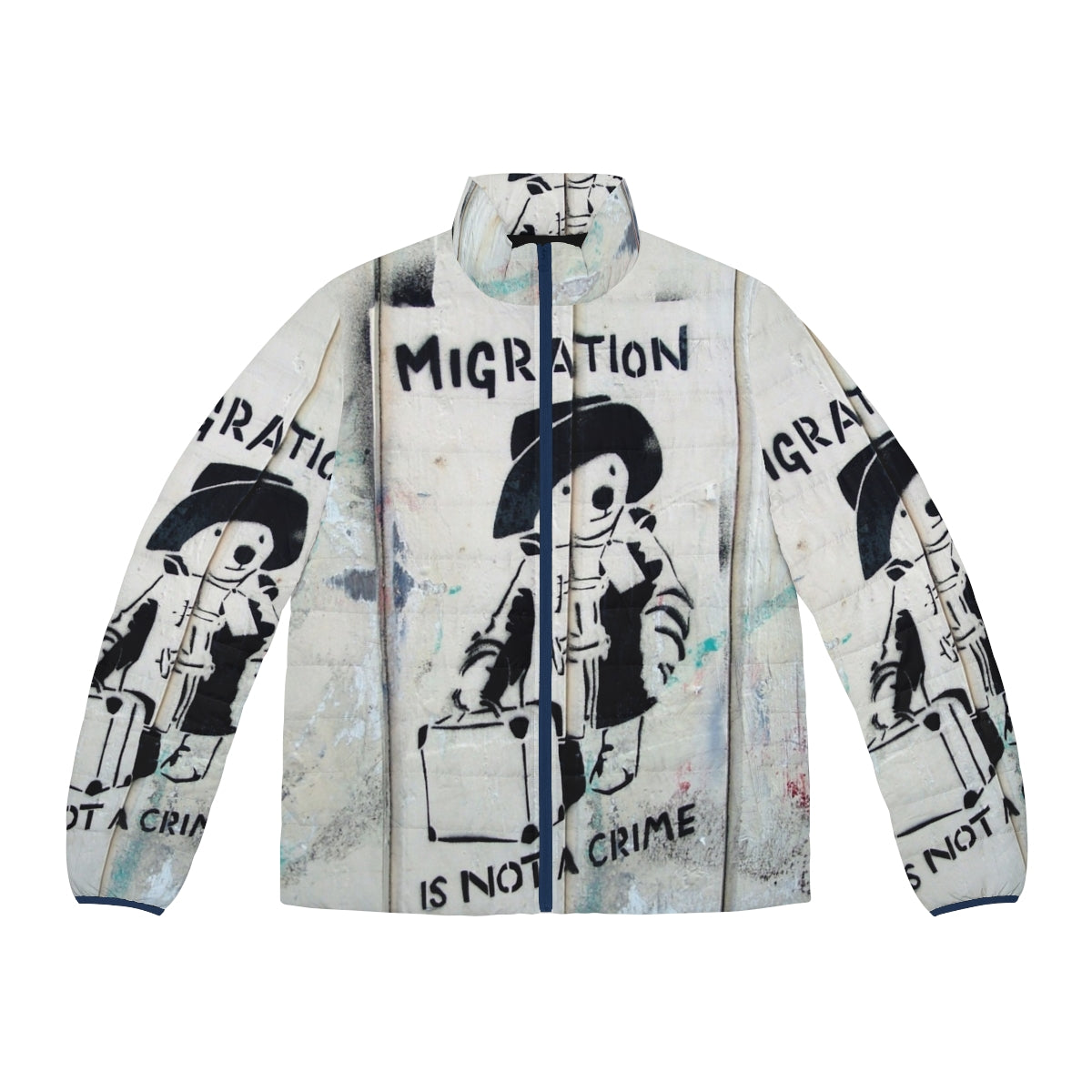 "Migration Is Not A Crime" puffer jacket with Banksy-inspired political street art