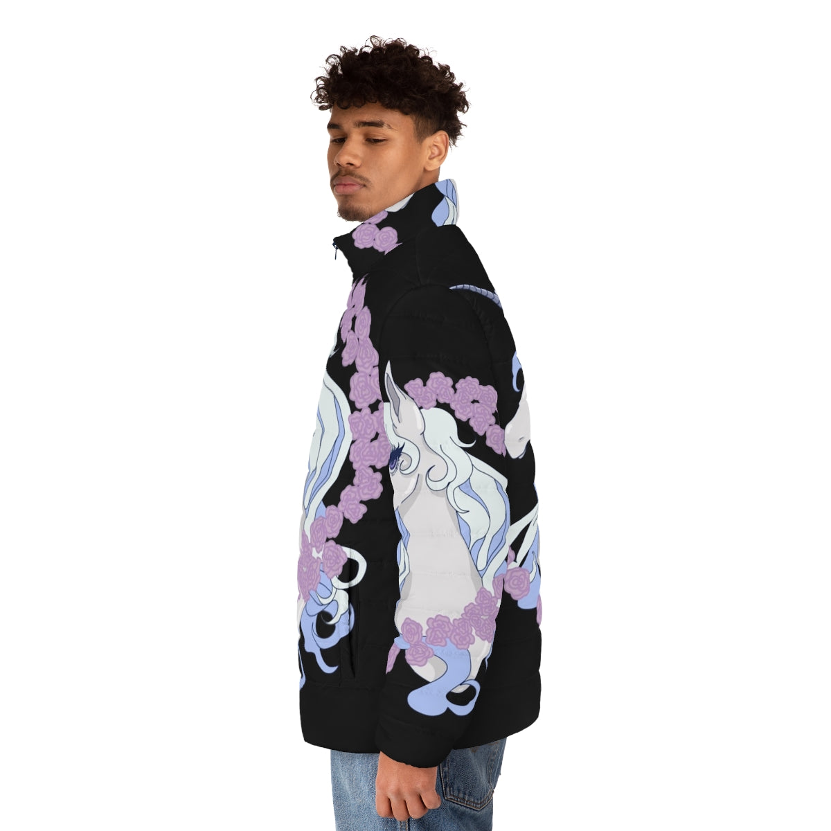 The Last Unicorn Lady Amalthea Puffer Jacket featuring the iconic fantasy movie character - men side left