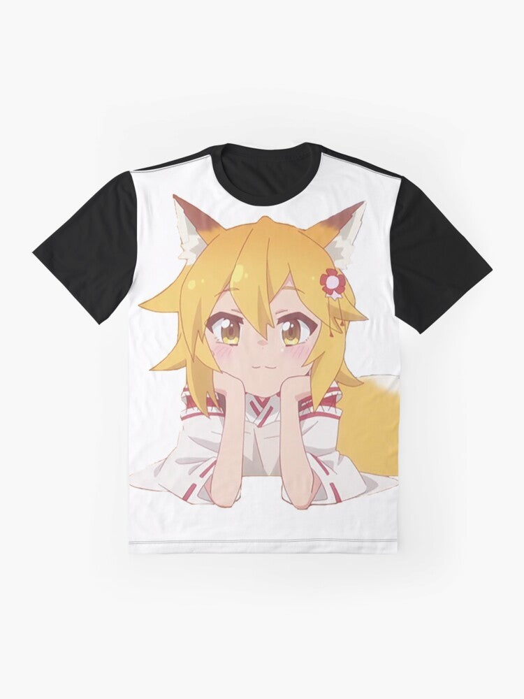 Senko-San, the charming fox character from the anime "Sewayaki Kitsune no Senko-san", featured on a graphic t-shirt. - Flat lay