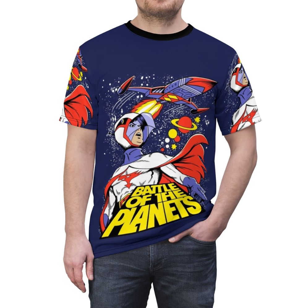 Battle of the Planets inspired custom graphic t-shirt design with colorful sci-fi cartoon illustration - men front