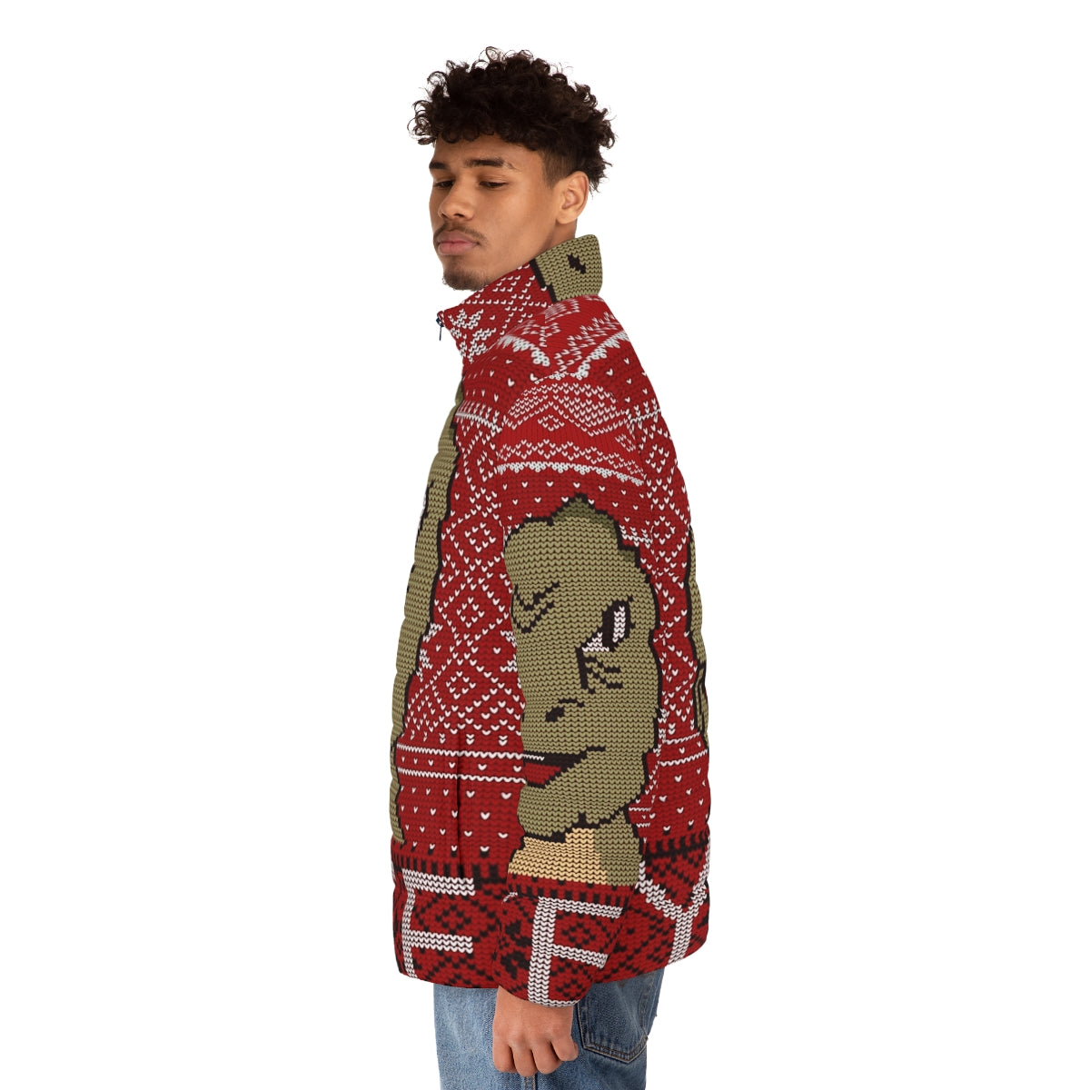 Yee Ugly Christmas Puffer Jacket featuring a dinosaur meme design - men side left