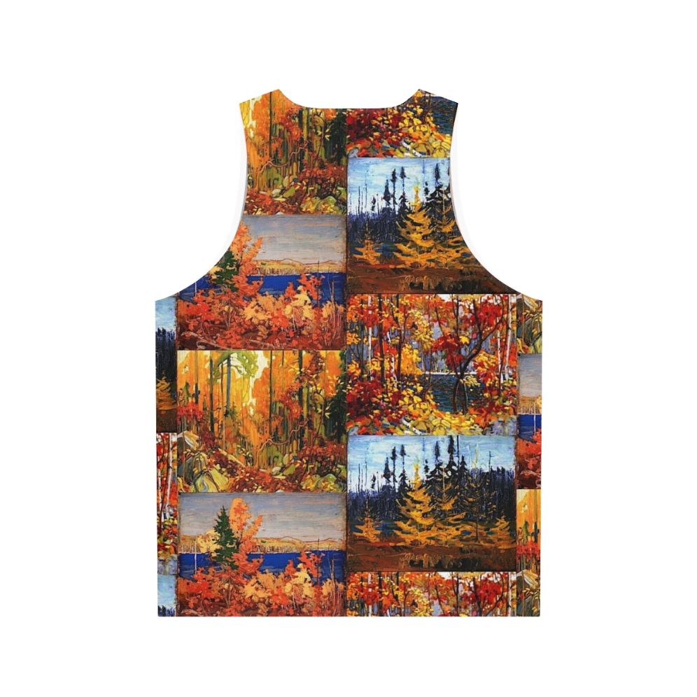 Unisex tank top featuring autumn foliage inspired by Canadian artist Tom Thomson - Back