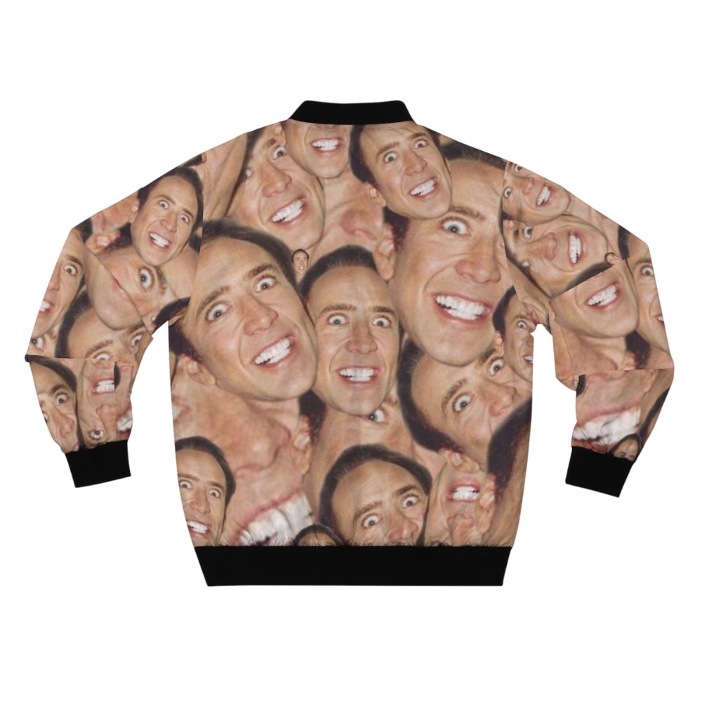 A bomber jacket featuring a collage design with the face of actor Nicolas Cage. - Back