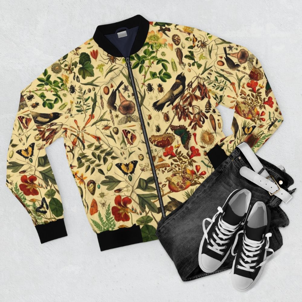 Vintage-style bomber jacket with a repeating pattern of biology-themed elements like plants, insects, and animals. - Flat lay