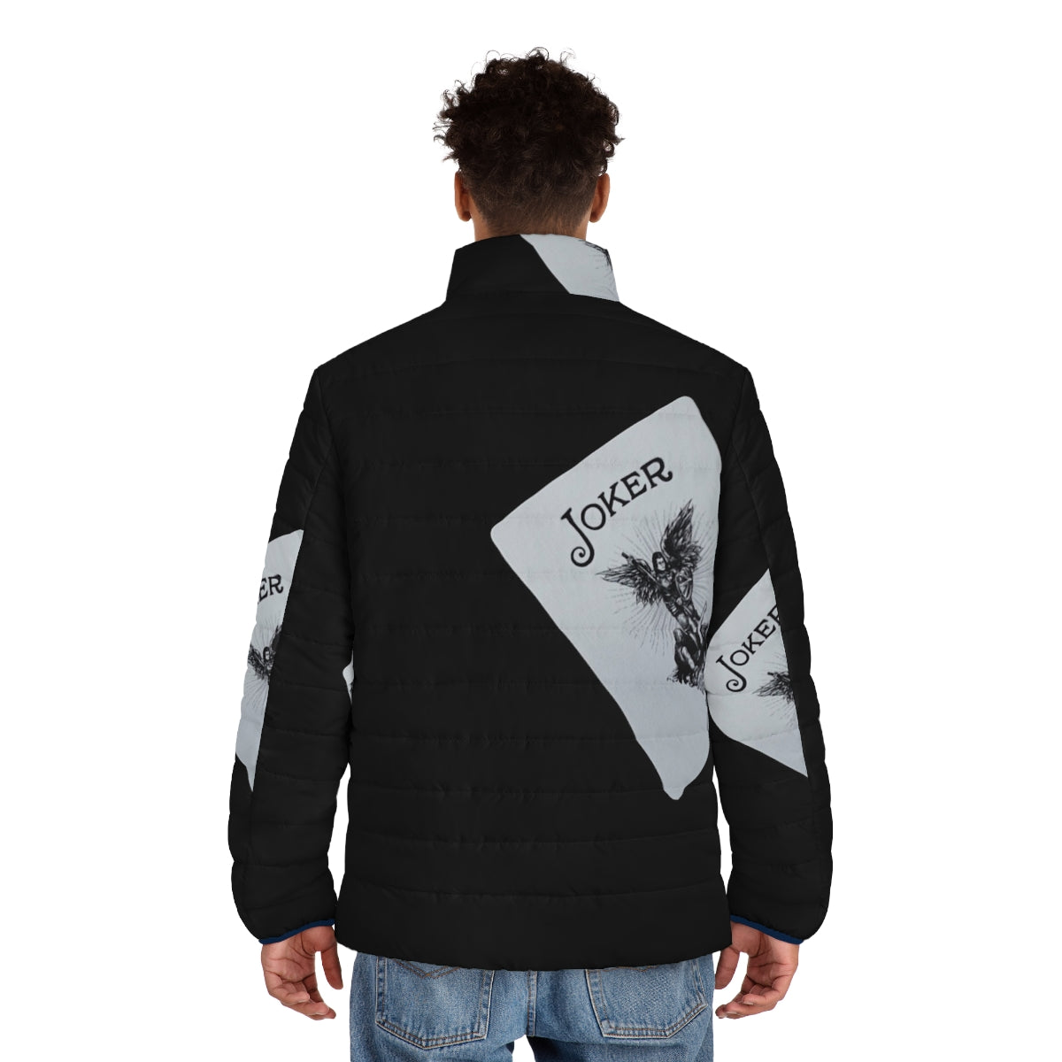 Joker Puffer Jacket with playing cards and tarot cards in the background - men back