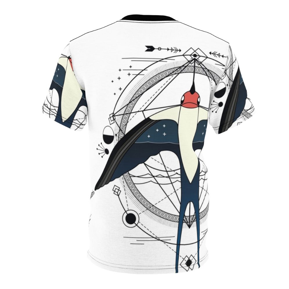 Geometric swallow bird design on a high-quality t-shirt, featuring modern abstract artwork with lineart and inked elements. - Back