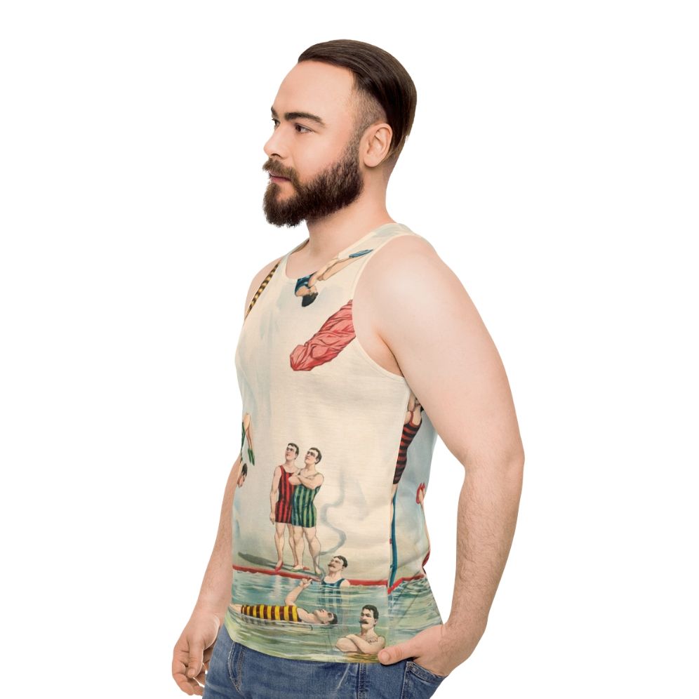 Vintage circus-inspired unisex tank top with colorful stripes - men side