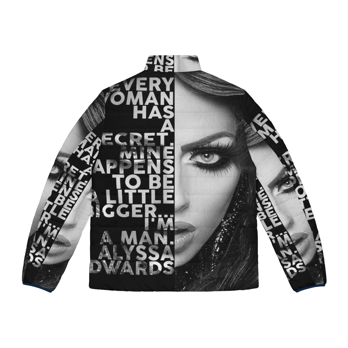 Alyssa Edwards text portrait printed on a black and white puffer jacket - Back