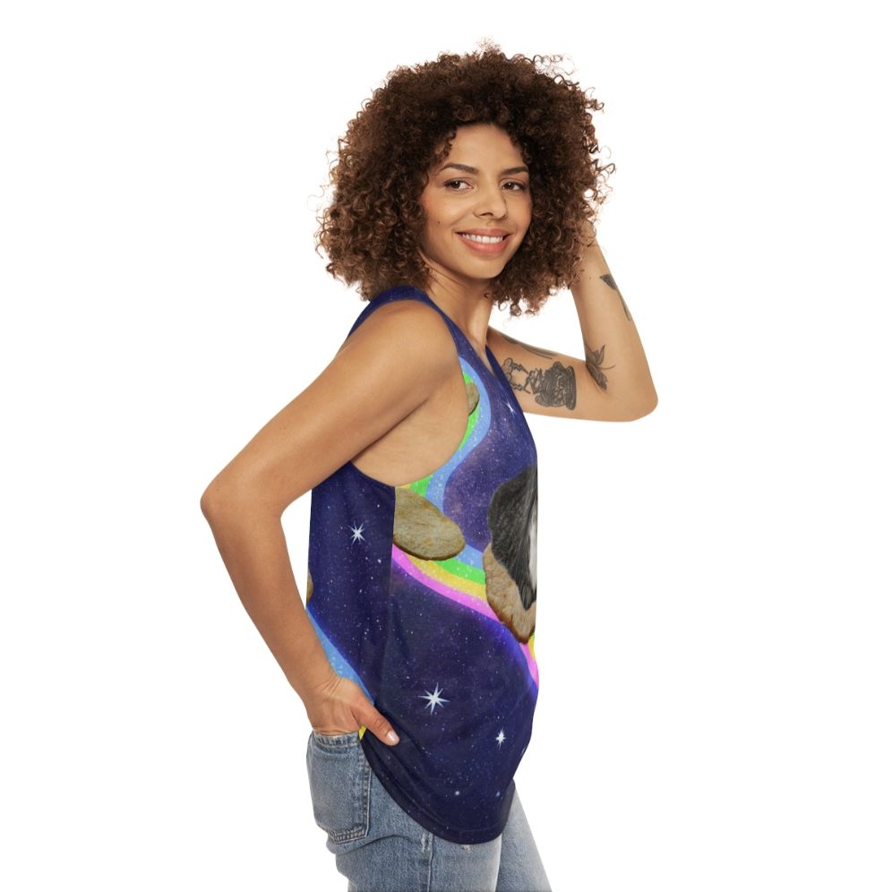 Unisex tank top with space-themed galaxy design and cosmic animals - women side