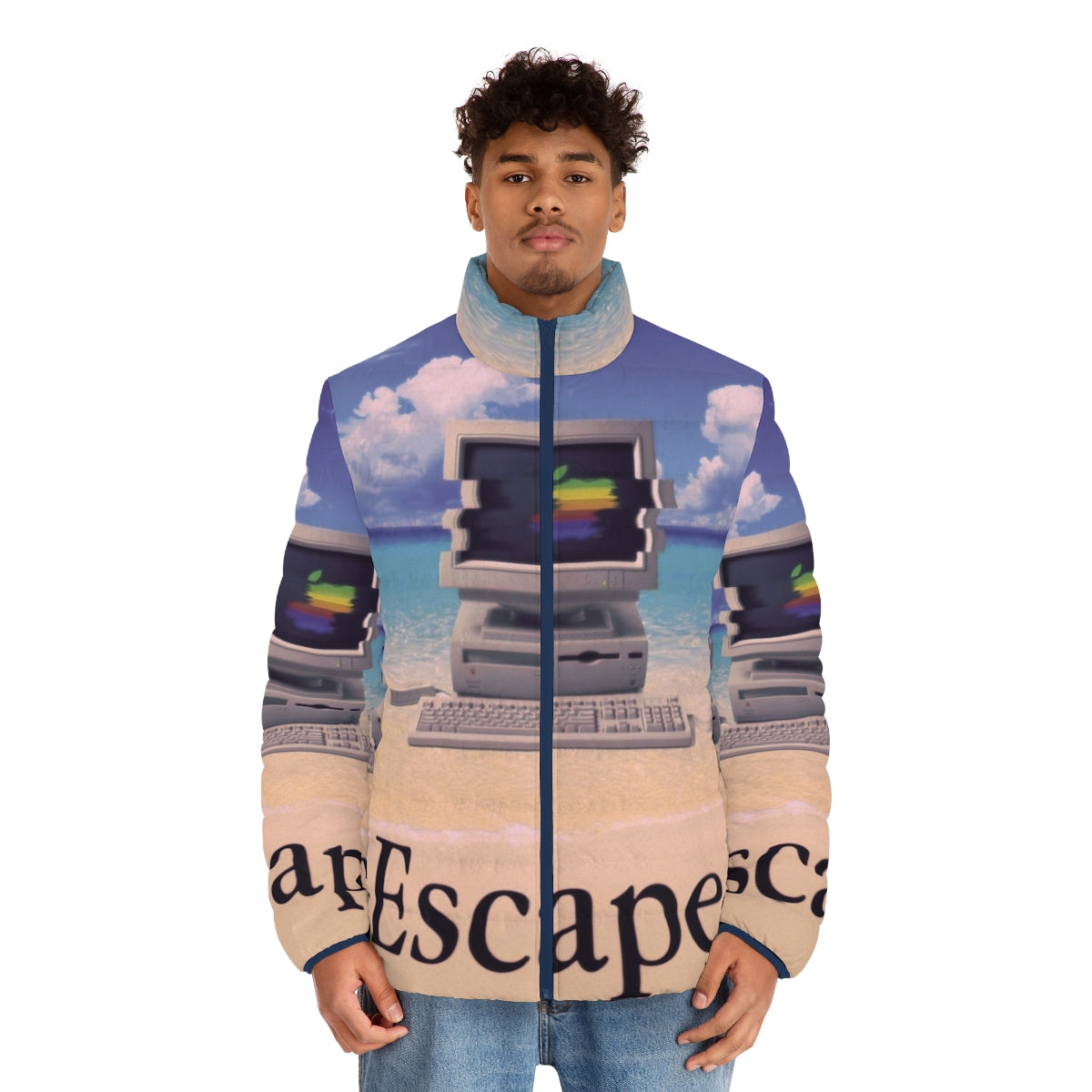 Vaporwave-inspired Macintosh puffer jacket with retro 90s aesthetic - men front