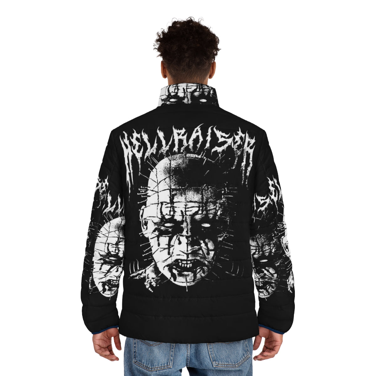 Black Metal Pinhead Puffer Jacket featuring Hellraiser inspired design - men back