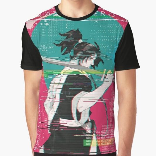 Katana Zero cyberpunk-inspired graphic t-shirt featuring the game's protagonist and stylized elements