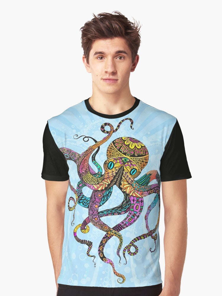 Colorful graphic design of an electric octopus with psychedelic patterns, waves, and bubbles on a t-shirt. - Men